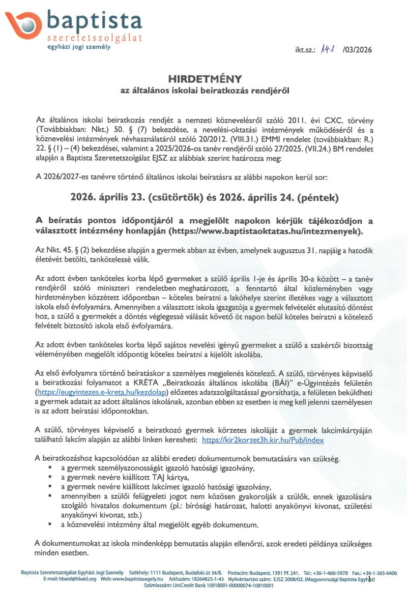 Beiratkozás 2026/27